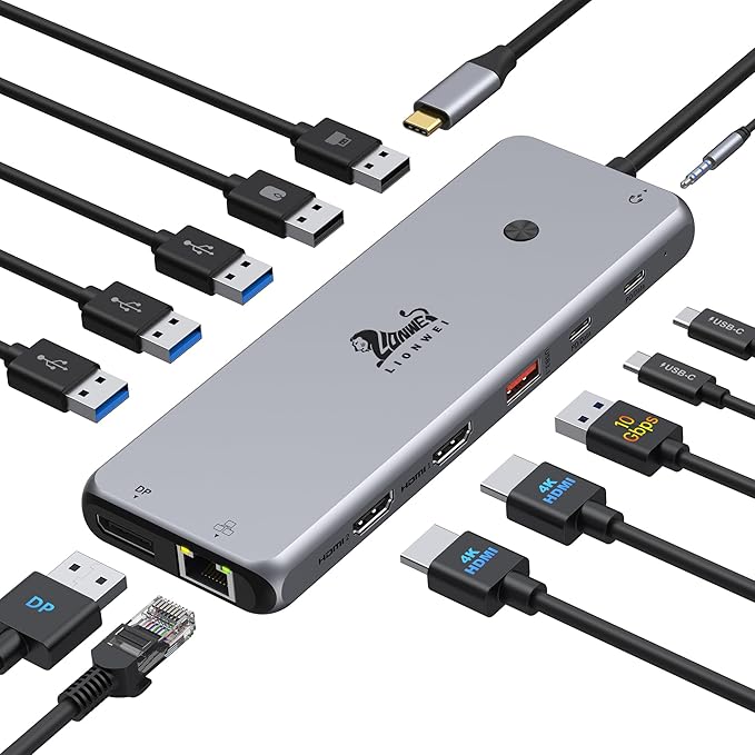 13 in 1 Laptop USB C Docking Station - Dual Monitor, 8 USB C/A Ports, Ethernet, Audio - LIONWEI USB C Hub for MacBook,Dell,HP,Lenovo,Surface