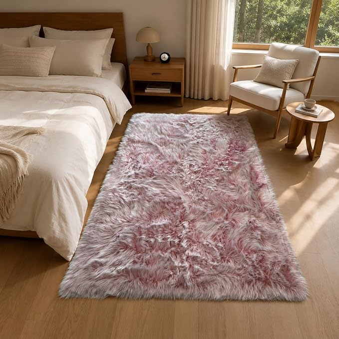 EasyJoy Faux Sheepskin Rug, Fluffy Faux Fur Rug, Ultra Soft Shag Area Rug with Non-Slip Backing for Bedroom, Living Room, Nursery, Kids Room(4 x 6 ft Rectangle, Frosted Bottom Pink)