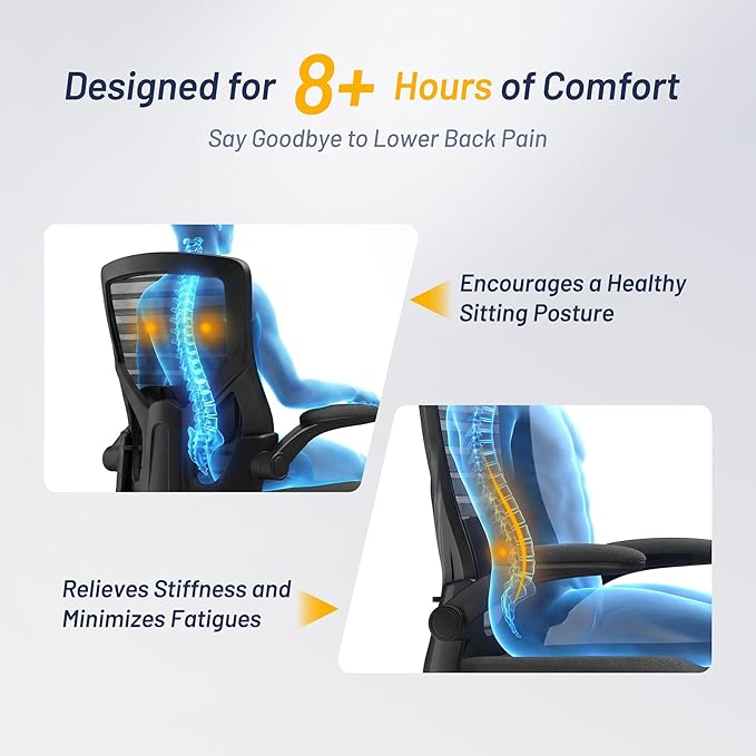 Office Desk Chair for Long Hours & Lower Back Pain Relief – 4“ Thick Molded Foam Cushion, Enhanced Lumbar Support, Padded Flip-up Armrests, New Year Workspace Upgrade, Black