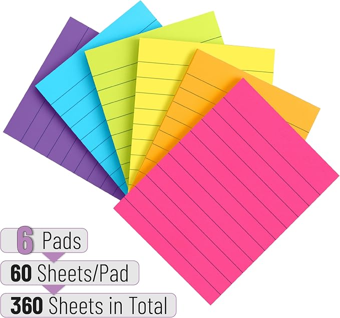 Mr. Pen- Lined Sticky Notes, 3" x 4", 6 Pads, 60 Sheets/Pad, Vibrant Color | Sticky Notes with Lines, Ruled Post Stickies, Memo Pads, Self-Stick Note Pad for Office, School, Home, Study
