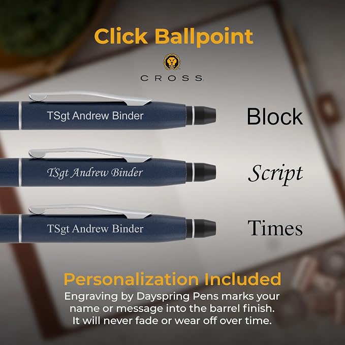 Cross Click Engraved Ballpoint Pen, Midnight Blue Powder Coat with Chrome Trim, Slender Click Action, Personalized Gift for Graduation, New Job, Career Advancement, Birthdays, Cross Gift Box Included