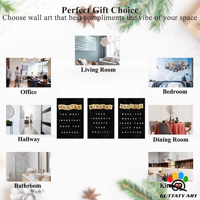 Office Wall Art - Motivational 3-Panel Canvas Art for Home Office: Positive Quote, Entrepreneur Words Poster Frame, 12'x24' x3pcs