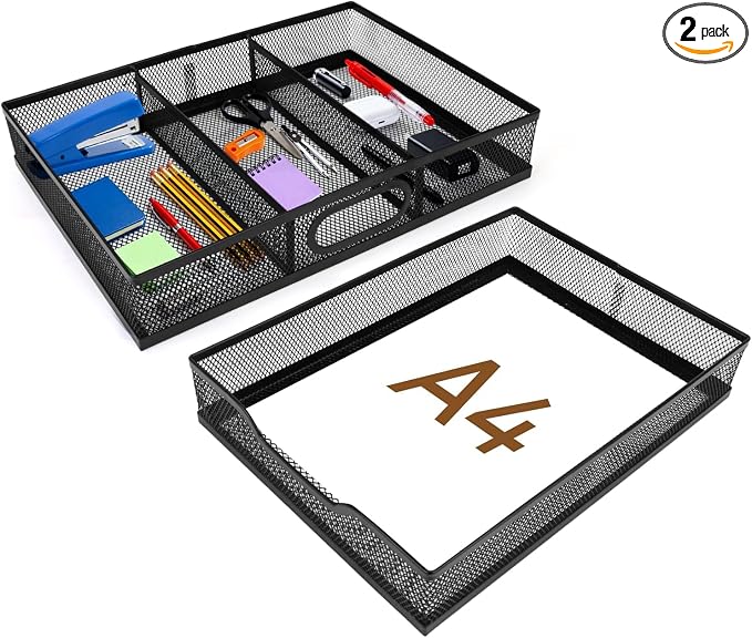 Yummy Sam 2 Pack Metal Mesh Office Desk Drawer Organizer Tray | Anti-Slip, 3 Compartments with Dividers, A4 Paper Large Letter Tray, for Desk, Home, Office Supplies, 12.2X8.8x2.1Inches