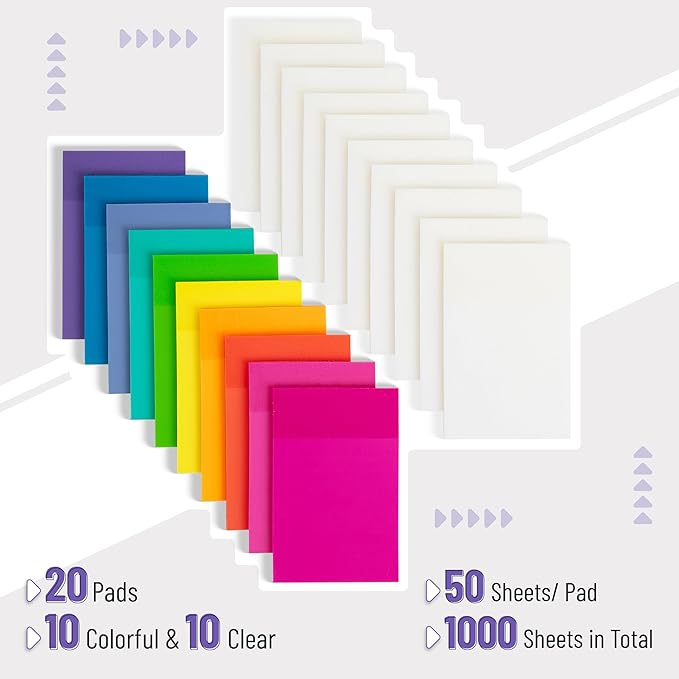 Mr. Pen- Transparent Sticky Notes, 3”x2”, 20 Pads, 1000Sheets, Colorful & Clear See Through Sticky Notes, Stocky Notes for Bible Journaling