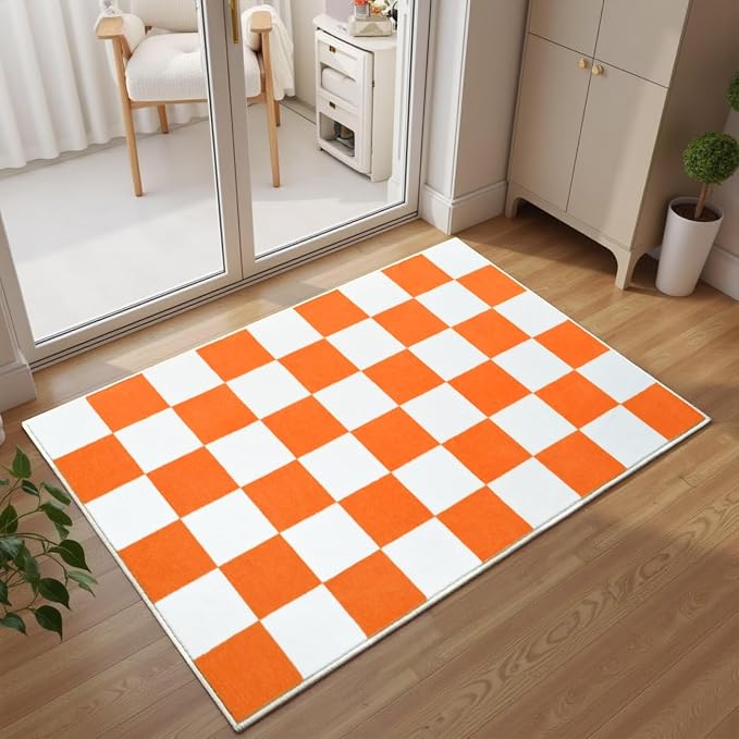 Terrug Orange and White Checkered Rug for Entryway,2x3 Small Area Rugs Washable with Non Slip for Kitchen,Soft Low Pile Retro Carpet for Bedroom Front Door Porch