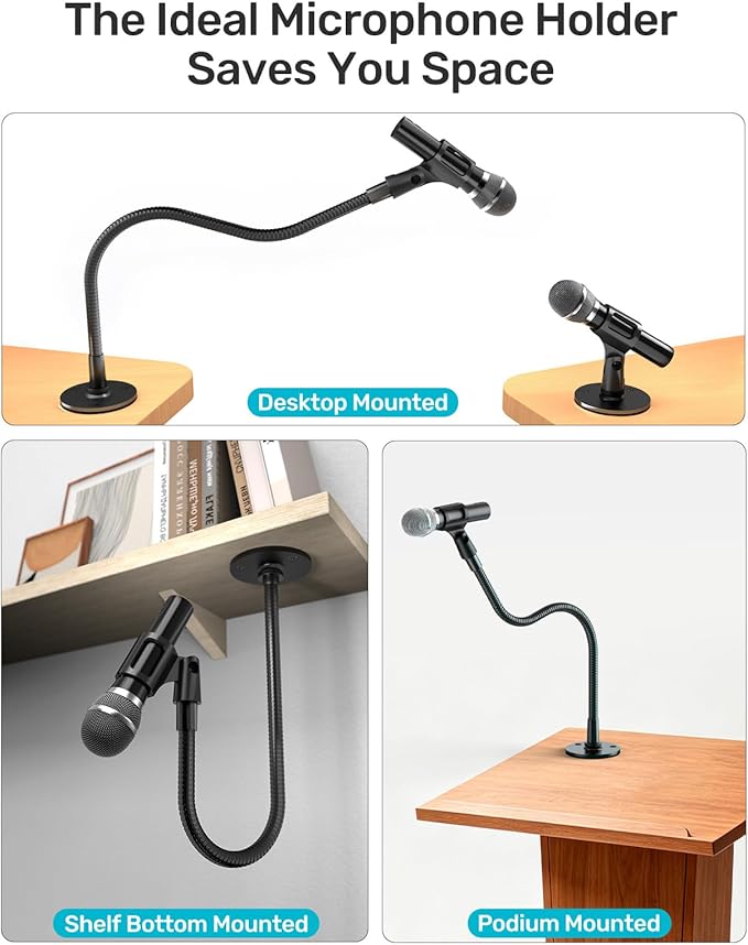 19-inch Gooseneck Microphone Holder Stand, Desktop & Wall Mounted, Heavy Duty Flexible Microphone Arm Stand with Flange Mount Base, Ideal for Podium, Studio, Lecture, Podcast, Gaming, Streaming