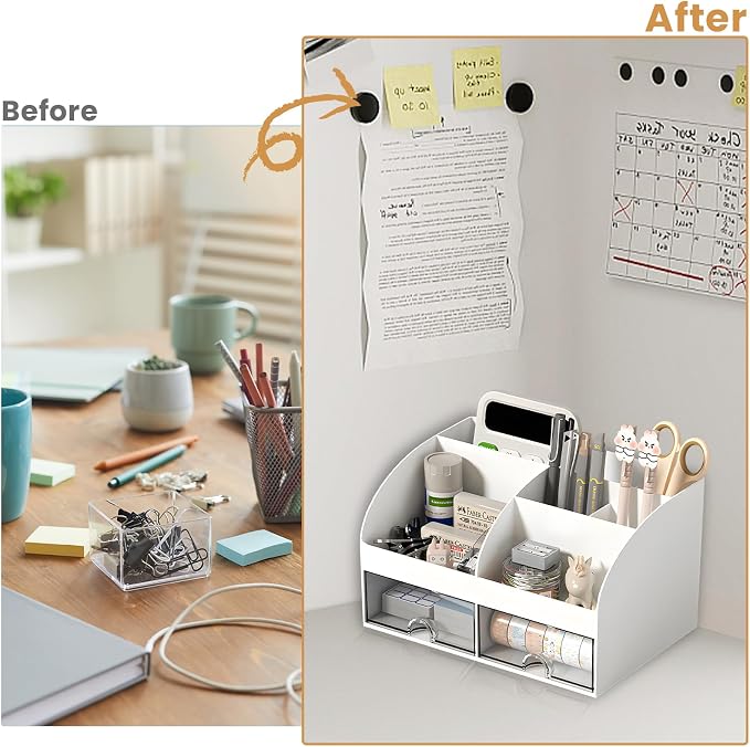 Dfacio Desk Organizer, Desktop Organizers and Accessories with 6 Compartments and 2 Drawers, Aesthetic Desk Accessories for Home, Office, School, White