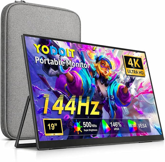 Yodoit Portable Monitor 19" 4K UHD QLED 144Hz 146% sRGB Travel Gaming Monitor Screen Display with USB Type C Port and Built-in Speakers Compatible with PC, Xbox Black