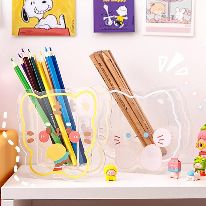 Kawaii Transparent Acrylic Pen Holder Desktop Organizer Creative Cute Bear Bunny Office Stationery Cosmetics Storage Box