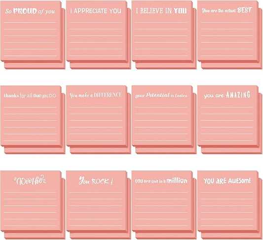 Yinder 24 Pcs Inspirational Sticky Notes Thank You Gift Motivational Sticky Note Pad Employee Appreciation Gift Bulk for Staff Coworker Teacher Nurse Office Groups 3 x 3'' (Appreciation,Pink)