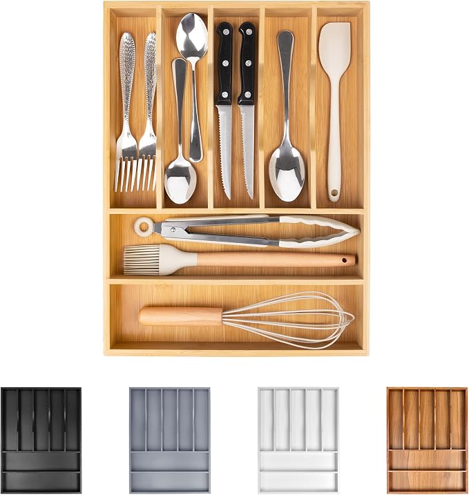 Bamboo Silverware Drawer Organizer, Kitchen Utensil Drawer Organizers, 12"x15.7" Utensils Holder Cutlery Tray with Grooved Drawer Dividers for Kitchen Flatware Bedroom Office(7 Slot, Natural)