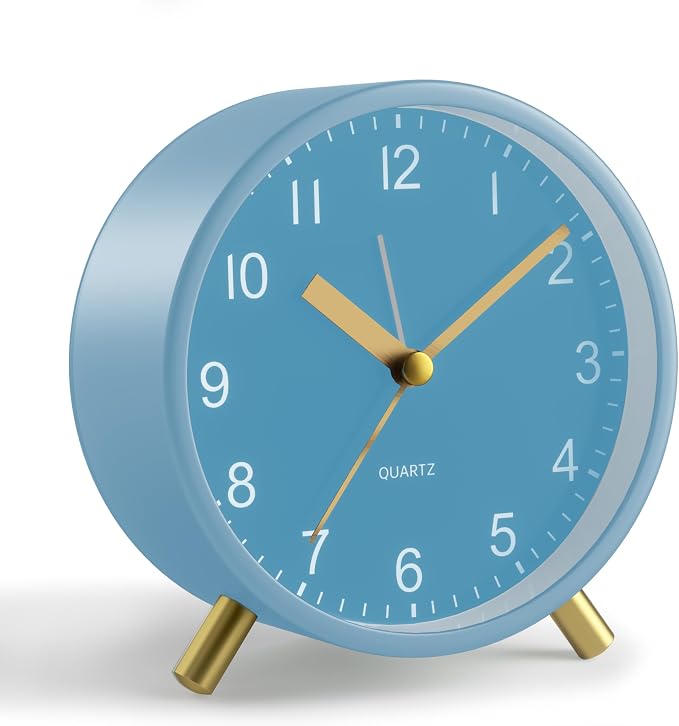 JALL Analog Alarm Clock, 4 inch Super Silent Non Ticking Small Clock with Night Light, Battery Operated, Simple Design, Easy Setting for Office, Bedroom, Bedside, Desk, Teens, Elders, Adult, SkyBlue