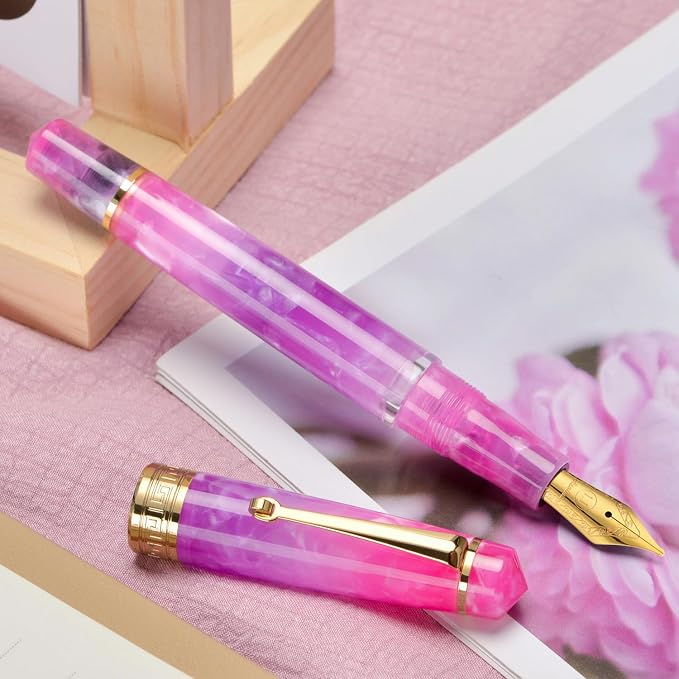 Asvine P20 Piston Fountain Pen, Stub Nib 1.1mm Calligraphy Art Drawing Gradual Purple Acrylic with Case Set