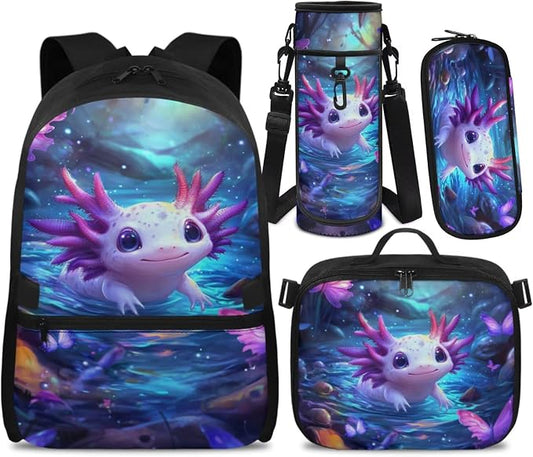 Doojoayie Axolotl Backpack for Girls Kawaii Bookbag with Lunch Box Fashion Backpack Kids School Bags Large Capacity Back Pack Great Back to School Supplies for Preschool Girls