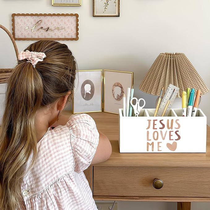 Boho Christian Inspirational Pen Holder, Christian Gifts Pencil Holder for Desk, Jesus Loves Me Bible Verse Wooden Box Sign Decorations for Kids Nursery Room Bedroom Classroom Desk Tabletop