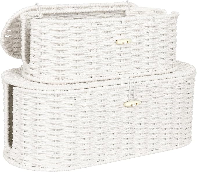 Set of 2 Cable Management Box, Handwoven Cord Hider Box with 3 Open Slots | Cable Organizer Box with Lockable Lid, Cord Storage Box to Hide Power Strip, Router, USB Hub, TV Wires for Home, Office