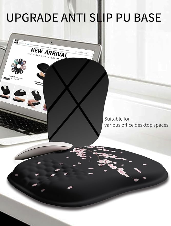 Hokafenle Ergonomic Wrist-hugging Mouse Pad Wrist Support, U-shaped Holding Wrist Rest Mousepad for Carpal Tunnel Pain Relief with Cushioned Memory Foam Slope Massage Bulge (10.2x8.3 in,CherryBlossom)