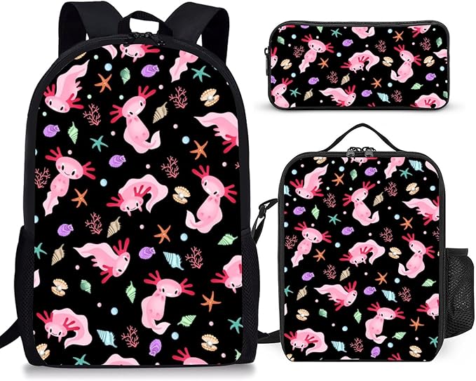 3PCS Axolotl Backpack for Boys Girls Teens, School Backpack with Lunch Box Pencil Case for Elementary Middle High Students, 17 Inch Lightweight Bookpack 3 in 1 Set Back to Shool Supplies for Kids