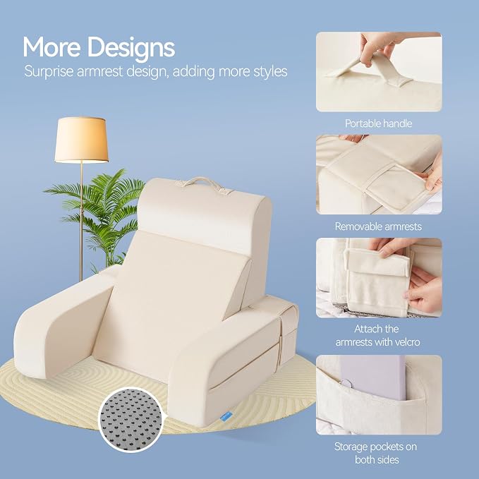 Kayfia Reading Pillow, Gel Memory Foam Back Rest Pillow, 19", Ivory | 3 Storage Pockets, Dual-Use Back Leg Support Pillow, Detachable Armrests, Ideal for Reading, Gaming, Working on Bed & Couch