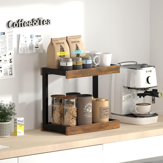 MARTY Counter Shelf Organizer, Large Spice Rack for Countertop, Brown | 2 Tier Serving Tray, 15.75"x8.9"x14.4" Large Display Stand, Coffee Bar/Station Organizer for Mugs Cups, for Kitchen Pantry