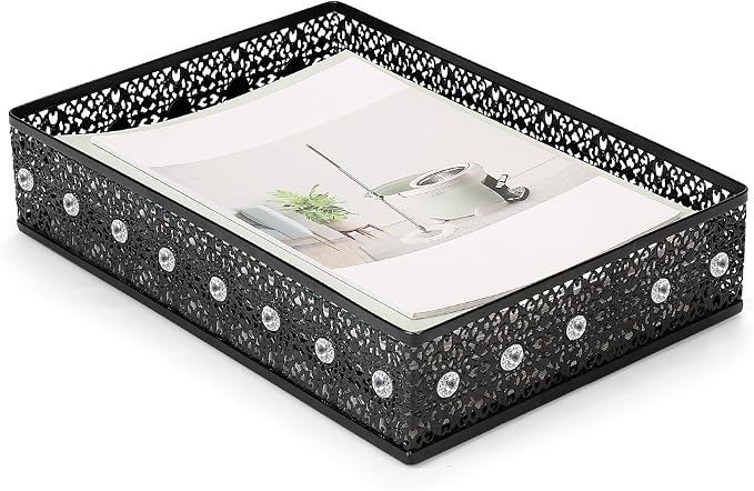 Desk Paper Tray Organizer, Metal Mesh Storage Basket for Office Home | Desktop Decorate Trays Organizing, Large Storage Basket for Office Supplies Mail File Print A4 Paper, Black, Pattern 2#