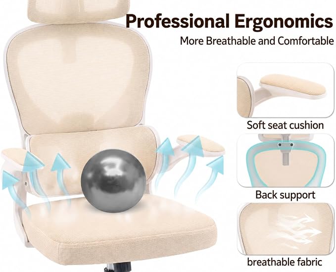 Ergonomic Office Chair with Adjustable Headrest & Lumbar Support, High Back Mesh Desk Chair, 330 LBS Capacity Swivel Computer Chair with Flip-Up Arms, Home Office Gaming Chair (Beige)