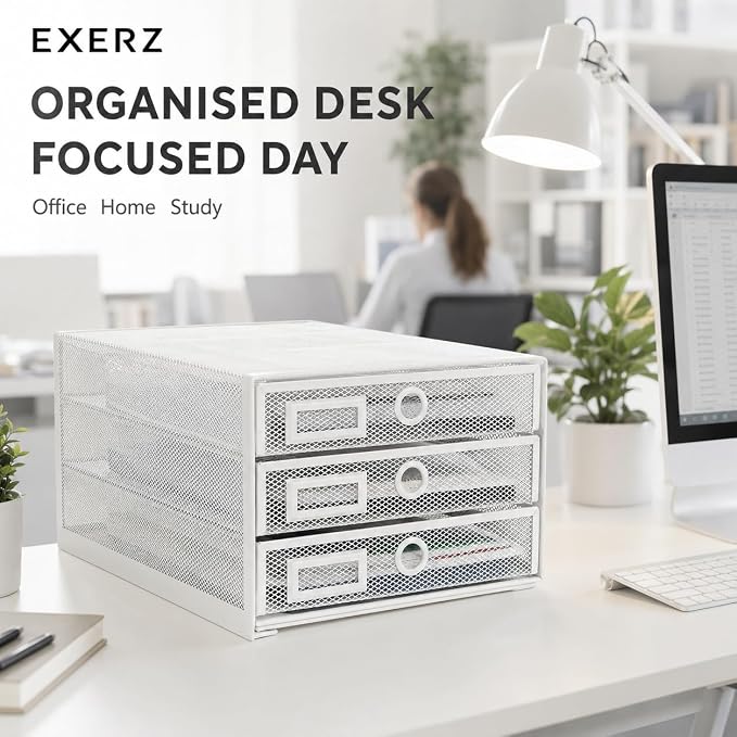 Exerz Paper Sorter 3 Drawer Wire Mesh A4 / Desk Multifunctional Desk Organiser/Multi-Layer Letter Tray - for Documents, Magazines, Notebooks and Letter (White) | Desk Organiser Pull Out Trays Keep Files Letters Magazines Folders Notebooks Neatly Separa...