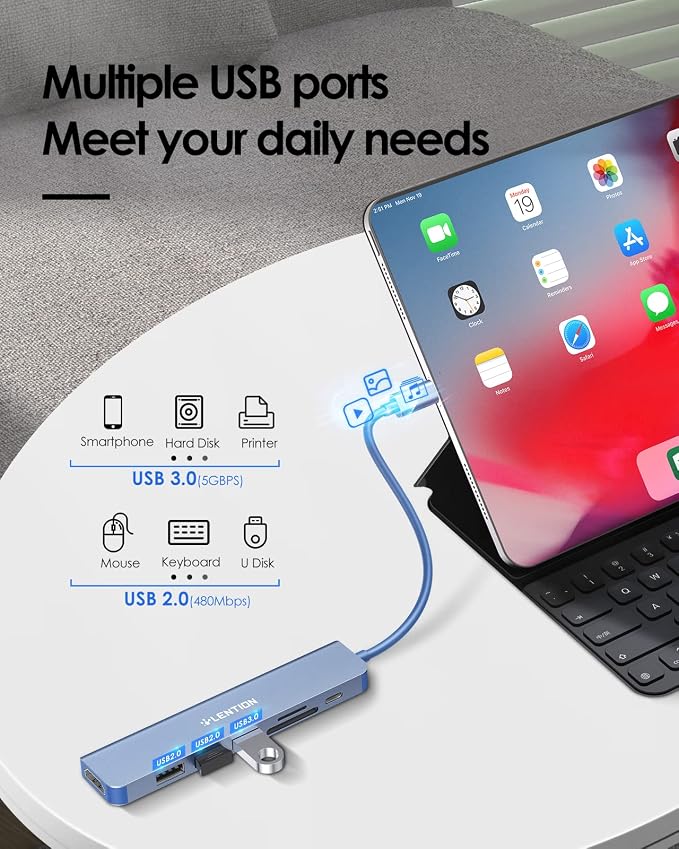 LENTION USB C Hub with 100W Charging, 4K HDMI, Dual Card Reader, USB 3.0 & 2.0 Compatible MacBook Pro, New Mac Air/Surface, Chromebook, More, Stable Driver Adapter (CB-CE18, Blue)