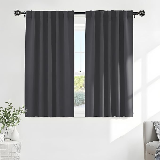 PONY DANCE Black Out Curtains 48 inch Long for Short Small Window, Rod Pocket and Back Tab Thermal Insulated Room Darkening Curtains for Kitchen/Cabinet/Basement(2 Panels, W42 x L48 inch, Grey)