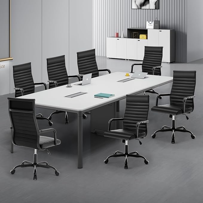 Office Chair, Ergonomic Executive Conference Room Chairs, Ribbed Leather Desk Chair with Lumbar Support, Adjustable Height Mid-Back Swivel Chair with Padded Seat