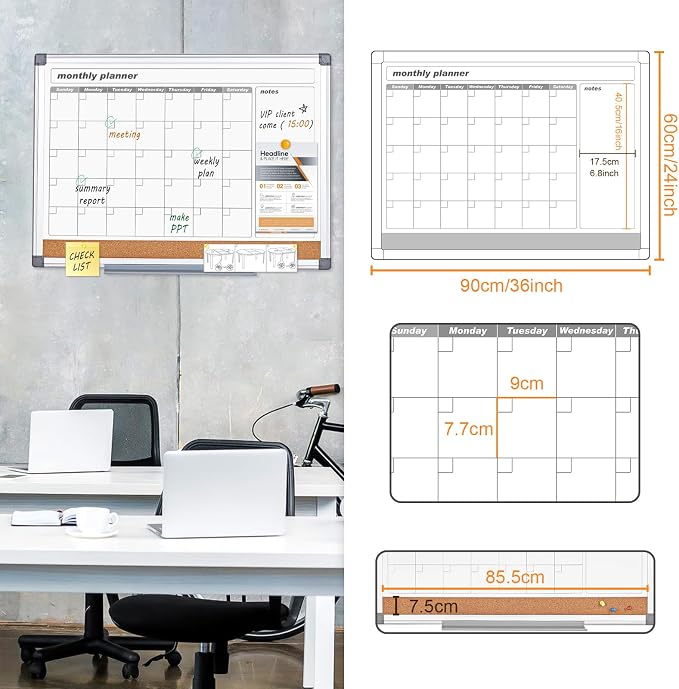 MAKELLO Dry Erase Calendar for Wall 36" x 24", Large Calendar Whiteboard with Cork Board for Office, Home, School, Family, Kitchen and Bedroom, 3' x 2' | 3' x 2', Magnetic, Cork Board, Wall Mount, Pin Board, Large Calendar Whiteboard for Wall, Home, Fa...