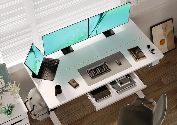 Claiks Electric Standing Desk with Drawers, 55x24 Inch White | Metal steel frame supports 176 lbs, 28.35 to 46.46 inch height range, 3 memory settings, 45 dB motor