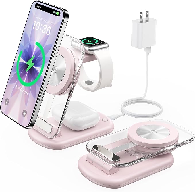 3 in 1 Magnetic Wireless Charging Station for Apple Devices, Fast Foldable Travel Mag-Safe Charger Stand with Night Light for iPhone 17 16 15 14 13 12 Series, Apple Watch/AirPods Pro, PK