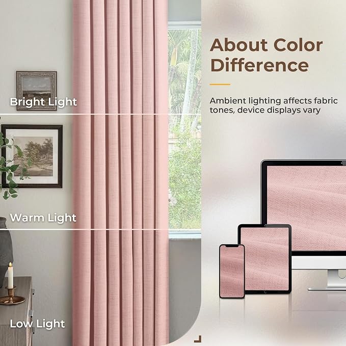INOVADAY 100% Blackout Curtains for Bedroom, Black Out Curtains 96 Inch Long, Clip Rings Linen Blackout Drapes, Thermal Insulated Room Darkening for Living Room, 2 Panels - Baby Pink,W50xL96