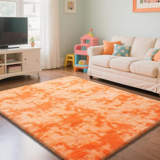 Mottling Orange Fluffy Rug Shag Area Rug, 5x8 Area Rugs for Girls Bedroom, Soft Play Mat, Indoor Floor Carpet for Teen, Preppy Dorm, Plush Aesthetic Bedside Rug