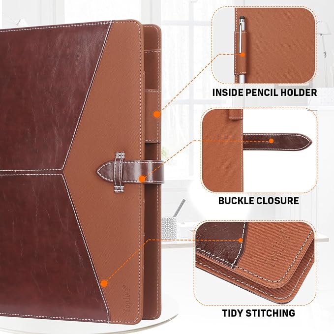 Toplive Padfolio 3 Ring Binder Organizer Business Portfolio Folder, A4/ Letter Size PU Leather Binder Portfolio Padfolio for Interview Conference Presentation, Brown