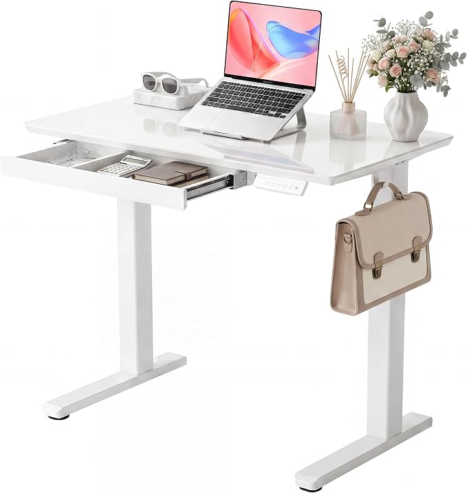 INNOVAR 35 x 20 Inch Super White Glass Standing Desk with Drawers | Tempered Glass Top, Ergonomic, Adjustable Height, Stand Up Desk, Home Office, 4 Memory Presets