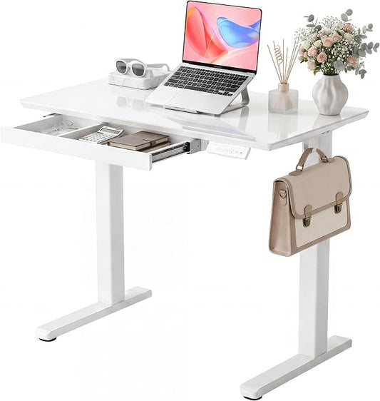 INNOVAR 35 x 20 Inch Super White Glass Standing Desk with Drawers | Tempered Glass Top, Ergonomic, Adjustable Height, Stand Up Desk, Home Office, 4 Memory Presets