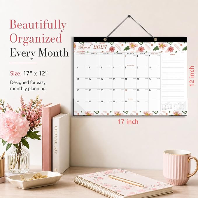 Desk Calendar 2026-2027 - Ougesi 19 Month Desk Top Calendar June 2026 - Dec 2027,17x12 Academic Desk Calendar with Thick Paper, Large Blocks for Home & Office (Floral)