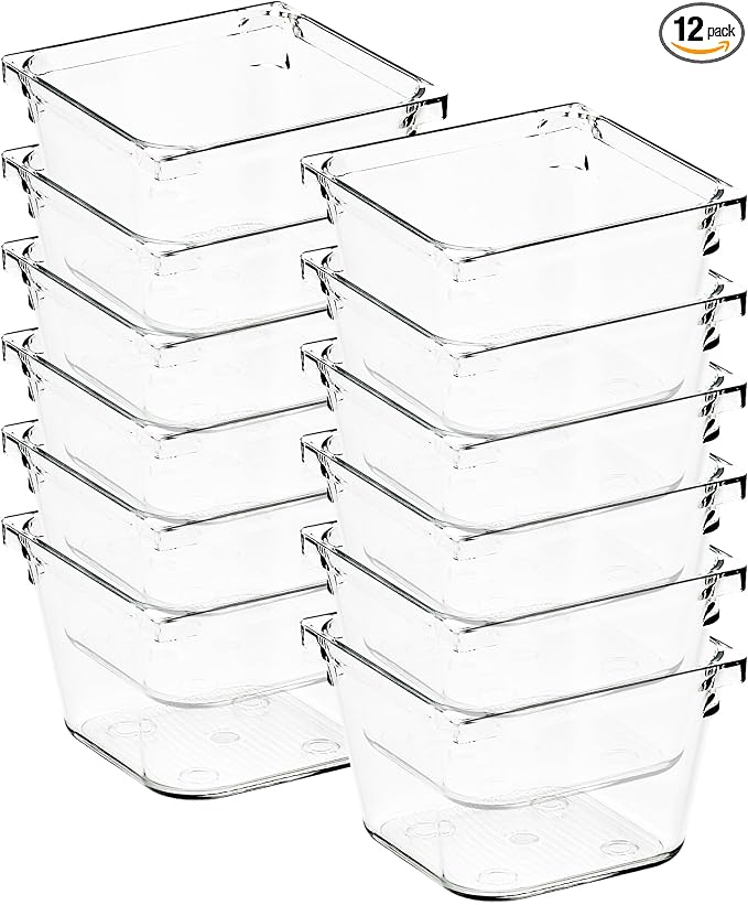 12 Pack Drawer Organizers, 3"X 3" Clear Acrylic Storage Bins | Acrylic Tray Design, Non-Slip Pads, Desk Storage Helper, For Makeup, Jewelry, Kitchen, Bathroom, Office Organization