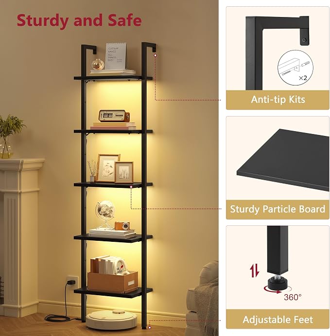 Tajsoon 5 Tier Ladder Shelf with Light, Wooden Wall Mounted Book Shelf, Ladder Bookshelf with Metal Frame, Wall Mounted Ladder Bookshelf for Office, Living Room, Bedroom, Black