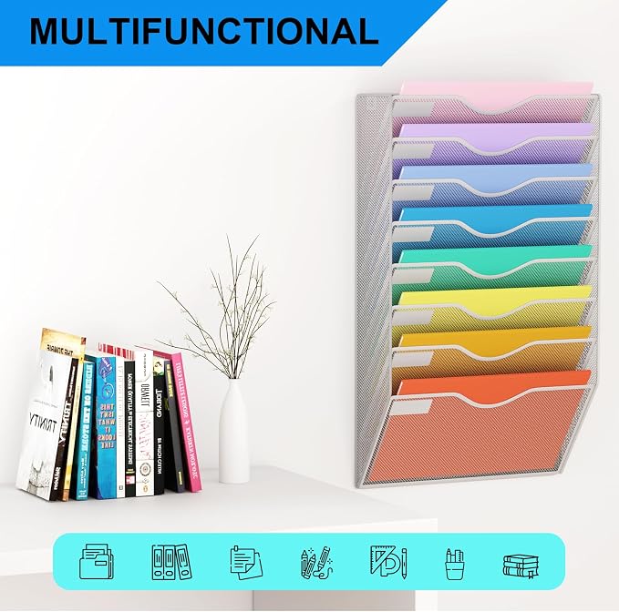 8 Pockets Mesh Hanging Wall File Holder Organizer Wall Mounted Paper Magazine Rack, Silver