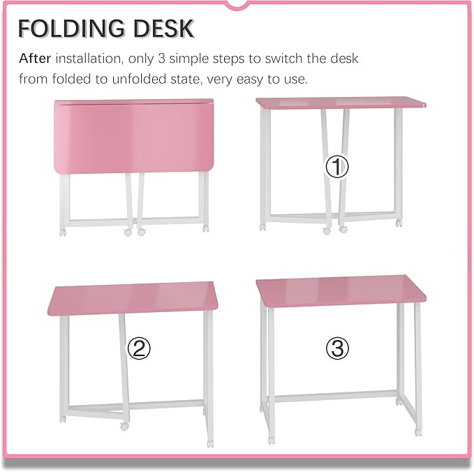4NM 31.5" Mobile Small Folding Desk, Foldable Rolling Computer Home Office Desk, Study Writing Table for Small Space Saving Bedroom, with Wheels - Pink and White