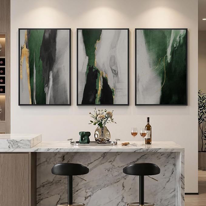 Large Framed Green Abstract Wall Art for Living Room, 3 Piece Modern Canvas Prints Paintings Artwork for Walls, Green Black Gold Abstract Pictures for Hallway Dining Bedroom Office Wall Decor 24x36 In