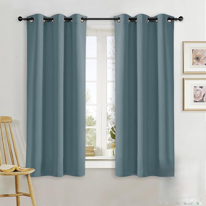NICETOWN Black Out Curtain Panel Shade, Single Piece, 42 inches Wide by 45 inches Long, Greyish Blue, Solid Energy Efficient Eyelet Top Window Blind for Guest Room