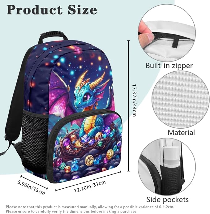 Cute Dragon Backpack for Girls Ages 6-8, 4PCS Elementary School Bookbag Set with Lunch Box, Cute Fantasy Back to School Supplies for 1st 2nd 3rd Grade