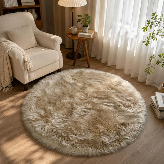 EasyJoy Faux Sheepskin Rug, Fluffy Faux Fur Rug, Ultra Soft Shag Area Rug with Non-Slip Backing for Bedroom, Living Room, Nursery, Kids Room(4 x 4 ft Round, Beige)