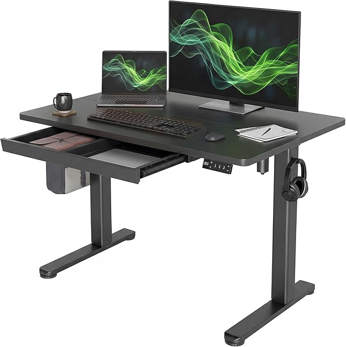 Claiks Electric Standing Desk with Drawer 40 Inch Black | Sturdy steel frame supports 176 lbs, 28.35 to 46.46 inch height range, 45 dB quiet motor, built-in wire holes