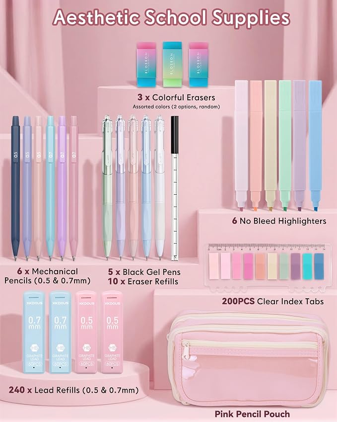 XKDOUS Preppy School Supplies Kit with Large Capacity Pen Case, 6 Mechanical Pencils 0.5mm & 0.7mm with 240 Lead Refills, 6 Pastel Highlighters, 5 Gel Pens for Stationary College Essentials Gifts