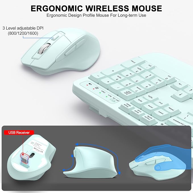 Wireless Keyboard and Mouse Combo, 2.4G Full Size Wave Keys Ergonomic Keyboard with Wrist Rest and 3-Level DPI Adjustable Wireless Ergonomic Mouse for Windows, Mac OS Desktop/Laptop/PC(Mint Green)